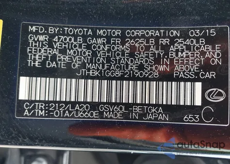 2015 Lexus Es 350 from USA, damaged, VIN JTHBK1GG8F2190928